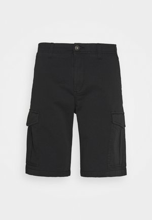 Black cargo shorts made of fabric, featuring two side pockets, a button closure, and a straight cut. The design includes detailed stitching.