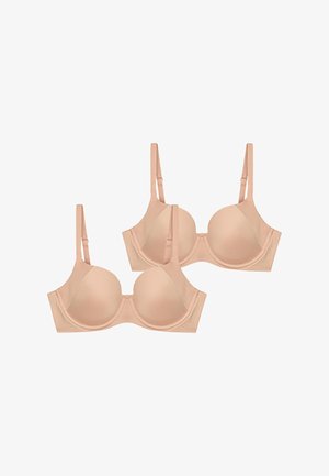 Due reggiseni lisci color nudo con ferretto, spalline regolabili e coppe modellate. Caratterizzati da costruzione senza cuciture e tessuto morbido.