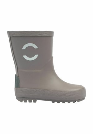 Grauer Gummiregenstiefel mit strukturiertem Profil, einem runden Logo an der Seite und einem kontrastierenden grünen Akzent an der Ferse.