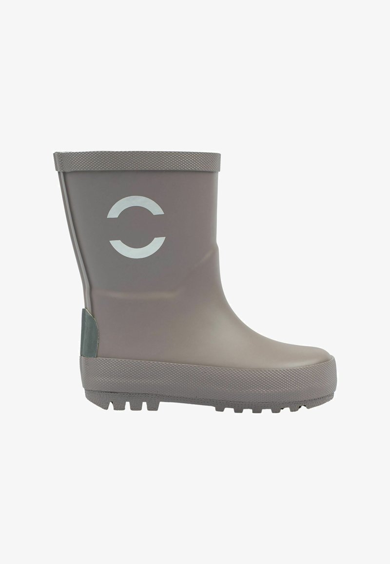 Botte de pluie en caoutchouc gris avec une semelle texturée, arborant un logo circulaire sur le côté et un accent vert contrastant au talon.