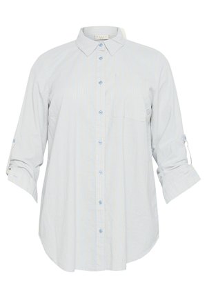 Svetlo modra prugasta srajca, dolgi rokavi natrgani, ovratnik z gumbi, sprednja žepa, mehak material, sproščen kroj, subtilni vzorec.