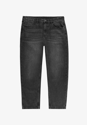 Czarne dżinsy o prostym kroju, pięć kieszeni i delikatne wyblaknięcia. Posiadają zapięcie na guzik oraz szlufki na pasek.