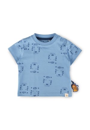 Blaues Babyshirt mit kurzen Ärmeln, bedruckt mit dunkelblauen Tigerköpfen und einem kleinen, an der Seitennaht angebrachten Stoffetikett in Form eines Löwen.