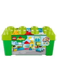 Caja de almacenamiento verde de LEGO Duplo con una tapa colorida, que presenta bloques de construcción e imágenes de una casa, un coche y figuras en el frente.