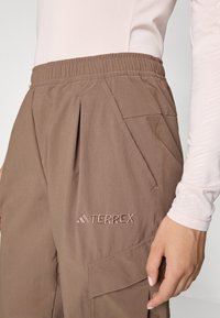 Brown Terrex pants feature an elastic waistband, side pockets, a loose fit, and embroidered branding on the thigh. Smooth fabric texture.