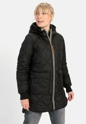 Schwarzer gesteppter Mantel mit Kapuze, ausgestattet mit einem Frontreißverschluss, zwei großen Taschen und gerippten B�ündchen. Textilstoff mit Rautenmuster.