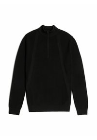 Pull en maille noir à manches longues avec un col haut et une courte fermeture éclair à l'avant, posé à plat sur un fond blanc.