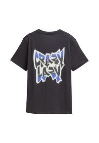 Black cotton t-shirt featuring a large, multicolored graffiti-style print on the back with the text "CRAZY LAZY" in blue and white.
