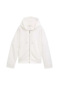 Sweat à zip blanc avec une capuche, des épaules tombantes et des poignets côtelés. Tissu doux avec une texture lisse et un petit logo.