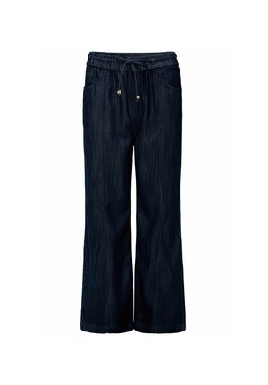 Pantalon en jean bleu foncé à jambes larges avec taille élastique et cordon de serrage, poches avant et coutures visibles le long des jambes.
