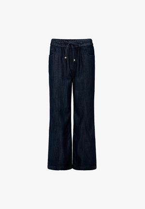 Pantalon en jean bleu foncé à jambes larges avec taille élastique et cordon de serrage, poches avant et coutures visibles le long des jambes.