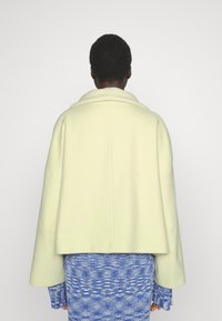 Svetle zelený vlněný kabát s širokým, ohnutým límcem a oversized rukávy, doplněný o texturovaný modrý vzorovaný oděv pod ním.