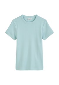 Lichtblauwe t-shirt met korte mouwen van een gestructureerde stof, met een ronde halslijn en een rechte zoom. Geen patronen of accenten zichtbaar.