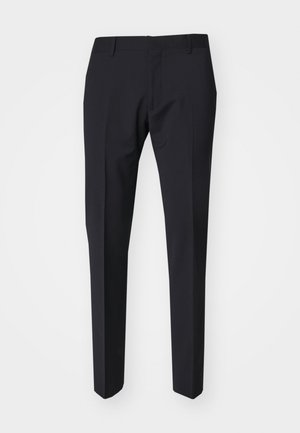 Dark navy trousers with a slim fit. Made from smooth, textured fabric, featuring a flat front, belt loops, and side pockets.