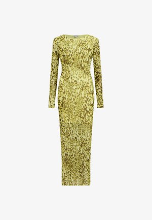 Langærmet maxikjole i lys grøn med brun leopardmønster, med en tætsiddende silhuet og rund halsudskæring.