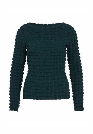 Maglione verde scuro a maniche lunghe con una superficie testurizzata e tridimensionale che presenta motivi rettangolari e rotondi in rilievo. Scollatura quadrata.