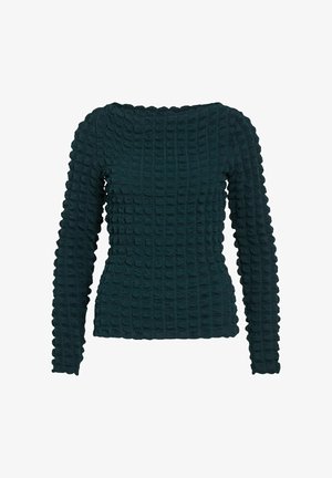 Maglione verde scuro a maniche lunghe con una superficie testurizzata e tridimensionale che presenta motivi rettangolari e rotondi in rilievo. Scollatura quadrata.