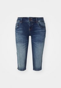Jeans bermudashorts i mörkblått med en bleknad finish, femficksdesign och tvåknappslinning, med rak benavsnitt.