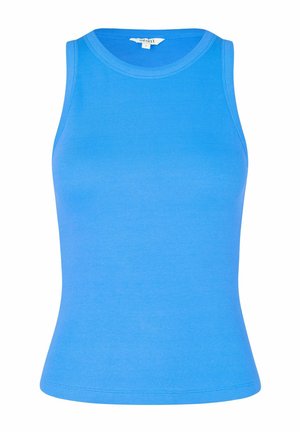 Blaues geripptes Tanktop mit rundem Ausschnitt und ärmellosem Design, das eine enganliegende Form und eine glatte Textur aufweist.