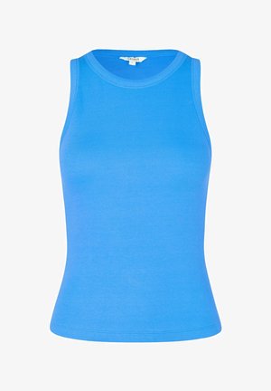 Blaues geripptes Tanktop mit rundem Ausschnitt und ärmellosem Design, das eine enganliegende Form und eine glatte Textur aufweist.