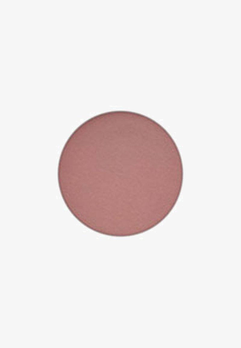 Ronde blushpan in een gedempte rozenkleur met een gladde matte textuur, voorzien van een licht verhoogde rand en een uniforme oppervlakte.