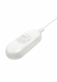 Dispositif blanc en forme ovale avec un bord arrondi, muni d'un câble USB. Le texte au dos comprend des logos et des informations réglementaires.