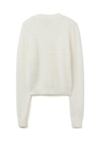 Maglione in pelliccia sintetica crema con design corto, maniche lunghe e scollo rotondo. Texture morbida con un aspetto leggermente peloso.