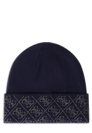Navy beanie with a fitted design, featuring a textured cuff adorned with a diamond pattern and metallic accents.