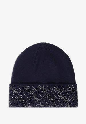 Chapeau en maille bleu marine au design ajusté, avec un revers texturé orné d'un motif losange et d'accents métalliques.