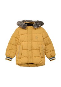 Geel gewatteerde jas met een afneembare kunstbontkap, gestreepte mouwen, twee voortassen en geborduurd detail op de borst.