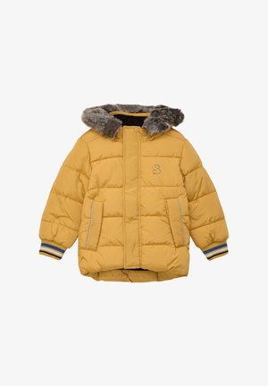 Gelbe gepolsterte Jacke mit abnehmbarem Kunstfellkragen, gestreiften Bündchen, zwei Vorderaschen und bestickten Details auf der Brust.