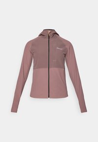 Veste à capuche zippée de couleur rose poussiéreux, avec un panneau foncé contrastant, des manches longues et un petit détail de poche avant.