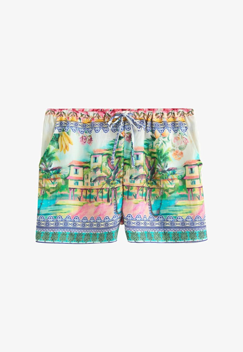 Shorts légers à imprimé tropical avec des maisons de plage, des palmiers, des bananes, des bordures florales et une taille à cordon de serrage.