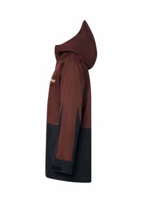 Waterproof jacket, brown and black, featuring a hood, zip closure, and side panel design. Smooth texture with logo detail on the chest.