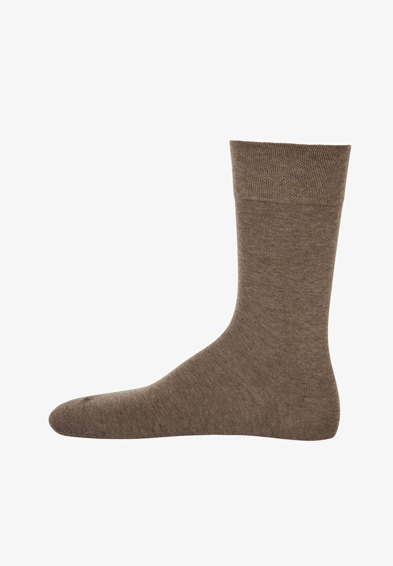 Braune Baumwollsocke mit einem gerippten Bund und glatter Textur, ausgestattet mit einer nahtlosen Spitze und einem leichten Design für Komfort und Passform.