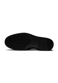 Schwarze Schuhsohle aus Gummi, mit glatter Oberfläche und runden Formen sowie kleinen, erhabenen Punkten für Traktion. Sichtbare Doppeltexturflächen.