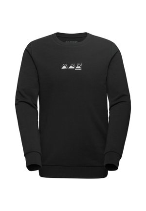 Zwarte crewneck-sweatshirt met lange mouwen en een witte afbeelding van drie bergen en de tekst "MAMMUT" gecentreerd op de borst.