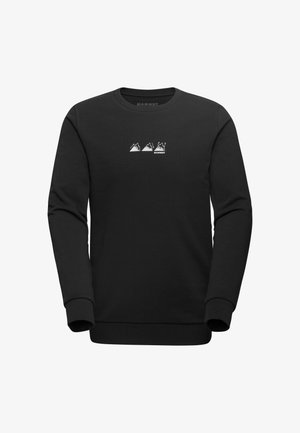 Zwarte crewneck-sweatshirt met lange mouwen en een witte afbeelding van drie bergen en de tekst "MAMMUT" gecentreerd op de borst.