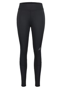 Mustat urheilulegginsit, joissa on leveä vyötärönauha, sileä kangas, kapenevat lahkeet ja pieni heijastava logo vasemmassa alalaidassa.
