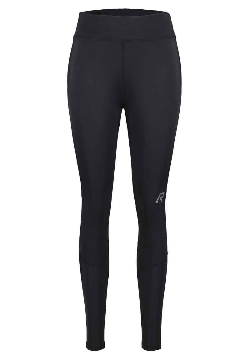 Mustat urheilulegginsit, joissa on leveä vyötärönauha, sileä kangas, kapenevat lahkeet ja pieni heijastava logo vasemmassa alalaidassa.
