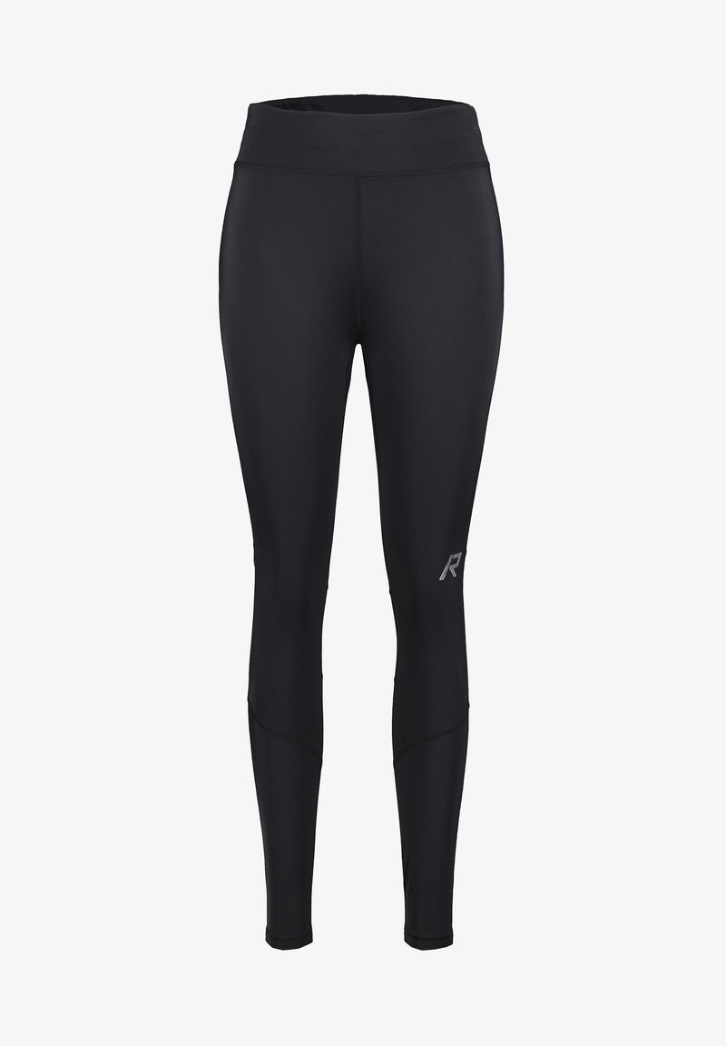 Mustat urheilulegginsit, joissa on leveä vyötärönauha, sileä kangas, kapenevat lahkeet ja pieni heijastava logo vasemmassa alalaidassa.