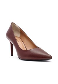 Pump con tacco alto a punta in pelle marrone con fodera interna beige e tacco sottile, mostrato su uno sfondo bianco.