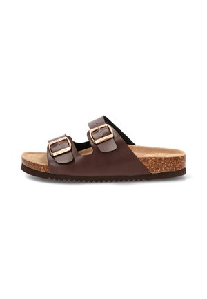 Sandalia de cuero marrón con dos tiras ajustables con hebillas, plantilla de corcho y suela de goma texturizada, mostrada de perfil sobre fondo blanco.