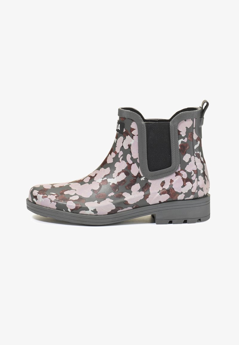 Bottes imperméables à mi-mollet de couleur gris foncé avec un motif floral en rose et marron. Comprend un talon, des panneaux latéraux élastiques et une languette d'enfilage.