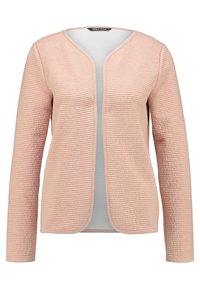 Světle růžový kardigan s texturovanou tkaninou, otevřeným předním dílem, dlouhými rukávy a měkkou podšívkou. Žádné zapínání ani ozdoby nejsou viditelné.