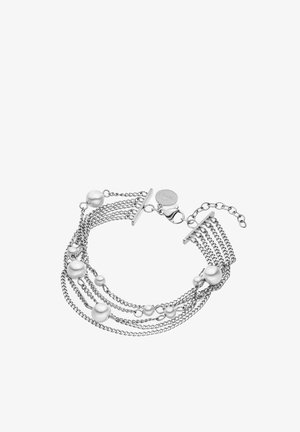 Silbernes mehrschichtiges Armband mit Ketten unterschiedlicher Längen, verziert mit runden Silberperlen und einem Knebelverschluss zum Befestigen.