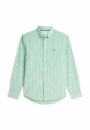Green and white vertically striped long-sleeve button-up shirt with button-down collar and small embroidered logo on the chest.