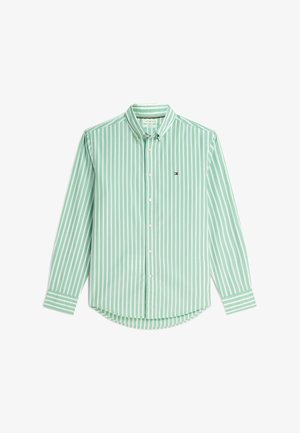 Green and white vertically striped long-sleeve button-up shirt with button-down collar and small embroidered logo on the chest.