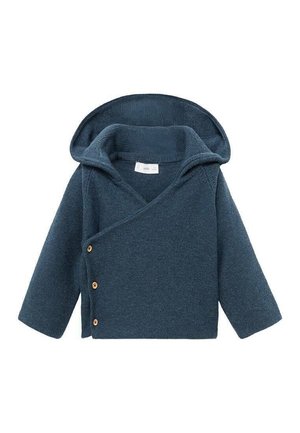 Blau gestrickte Strickjacke mit langen Ärmeln, einer Kapuze und einer überlappenden Vorderseite mit Holzknöpfen. Das strukturierte Material verleiht ein gemütliches Erscheinungsbild.
