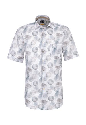 Camicia da uomo a maniche corte con bottoni, con motivo astratto circolare grigio e azzurro chiaro e taschino frontale sul petto.